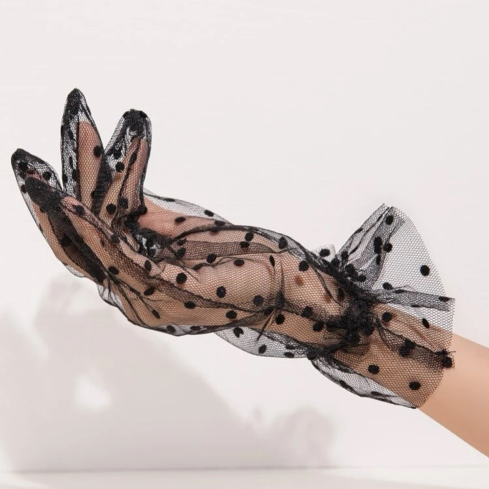 NEW Victorian Gothic Kentucky Derby Inspired Polka Dot Black Mesh Lace Gloves